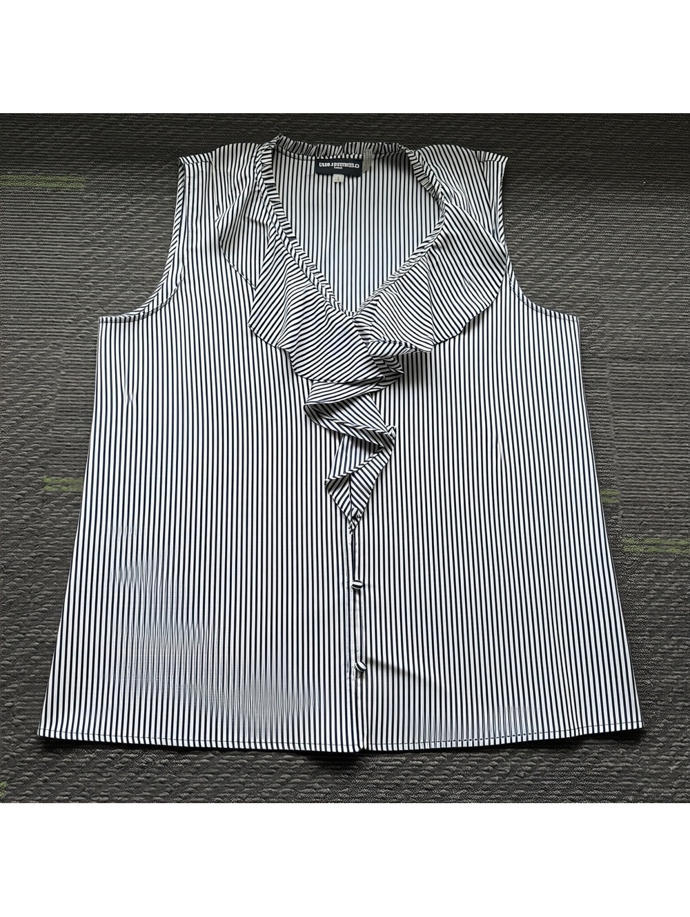 Karl Lagerfeld Blouse Women XL Stripe Sleeveless Ruffle Corpcore Classic Chic
